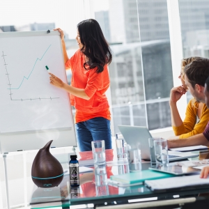 Woman Diffusing Channel 5 Fragrance Oil in Office