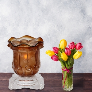 Brown Tulip Light Dimming Oil Warmer Next to Flowers